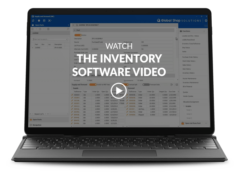 Laptop showing inventory screen with video play button and video title on top